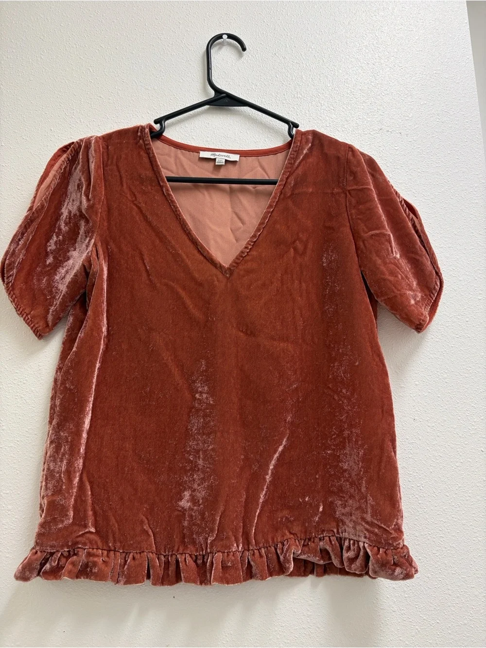 Madewell Crushed Velvet Deep V-Neck Split Sleeve Ruffle Hem Rusty Orange XXS